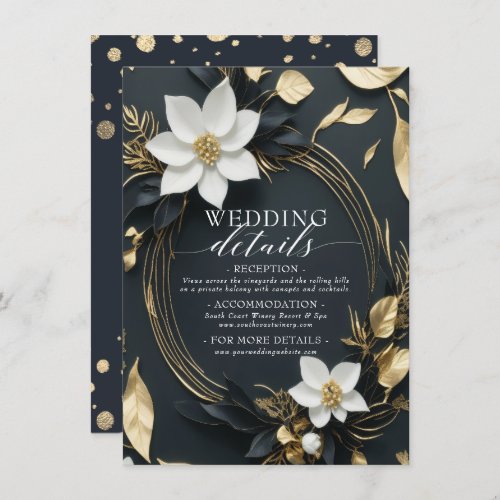 Black White and Gold Floral Wreath Wedding Details Enclosure Card