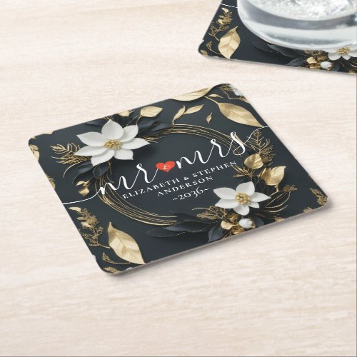 Black White and Gold Floral Wreath Wedding Mr Mrs Square Paper Coaster
