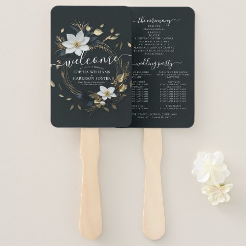 Black White and Gold Floral Wreath Wedding Program Hand Fan
