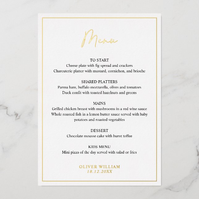 Black, White and Gold Foil Boy Baptism Menu Card (Front)