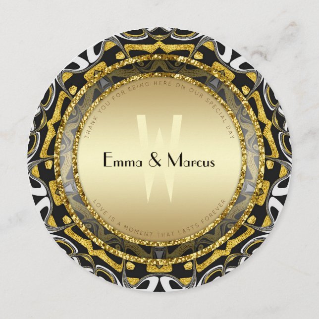 Black White and Gold Geometry Wedding Round Menu (Back)