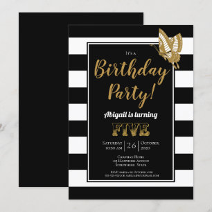 Black White and Gold Glitter 5th Birthday Party Invitation