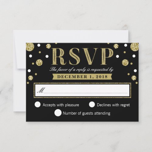 Black White and Gold Glitter Confetti RSVP Card