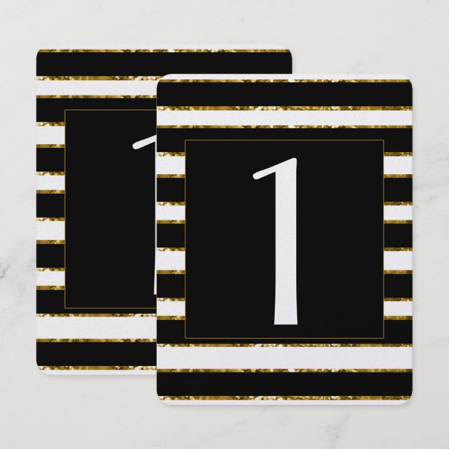 Black White and Gold Glitter Wedding Table Number (Front/Back)