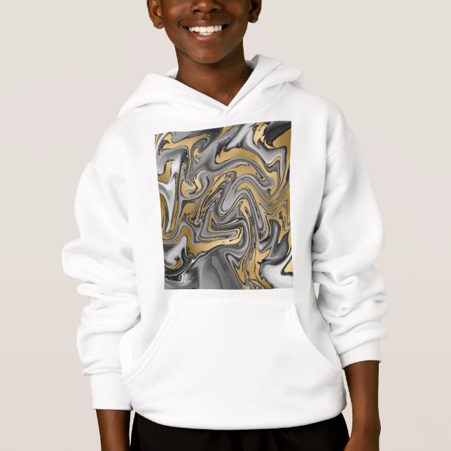 Black, White And Gold Marbled Oil Slick Abstract Hoodie (Front)