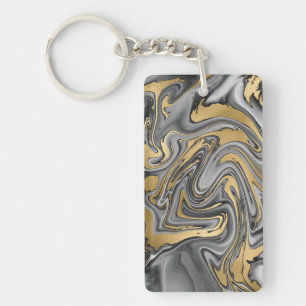 Black, White And Gold Marbled Oil Slick Abstract Keychain