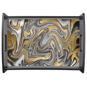 Black, White And Gold Marbled Oil Slick Serving Tray