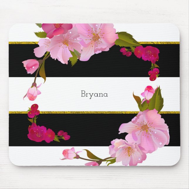Black White and Gold Modern Floral Chic Glamor Mouse Pad (Front)