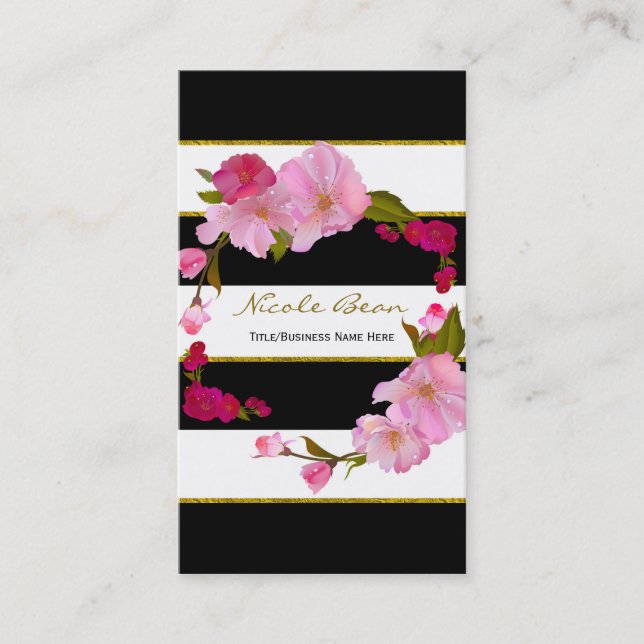 Black White and Gold Modern Floral Chic Glamour Business Card (Front)