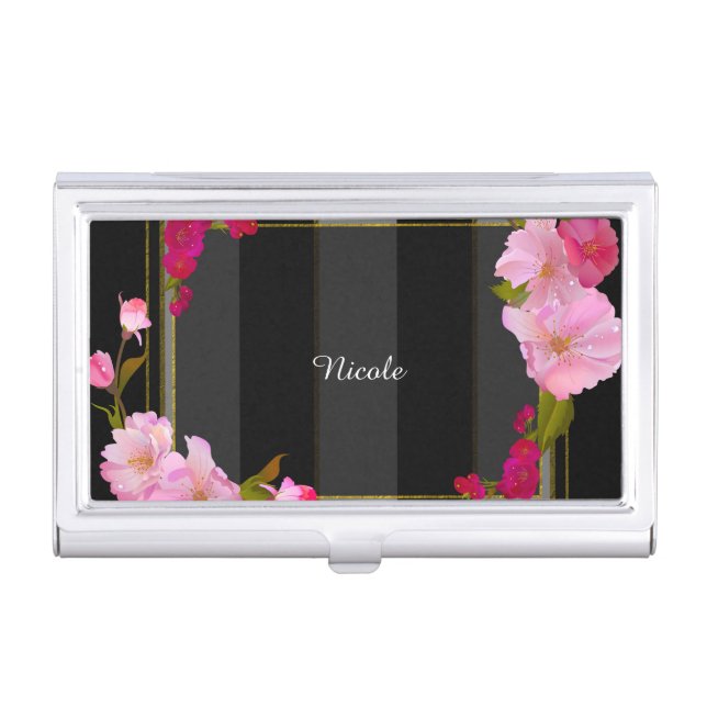 Black White and Gold Modern Floral Chic Glamour Case For Business Cards (Front)
