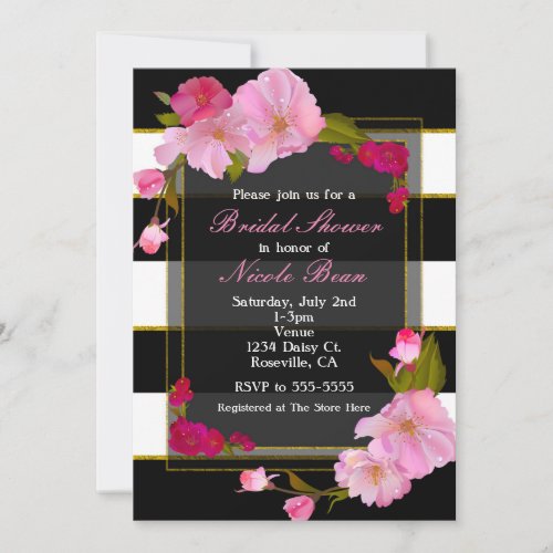 Black White and Gold Modern Floral Chic Party Invitation