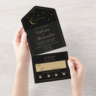 Black, White and Gold Modern Minimal Celestial All In One Invitation