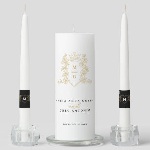 Black white and gold monogram crown art wedding unity candle set
