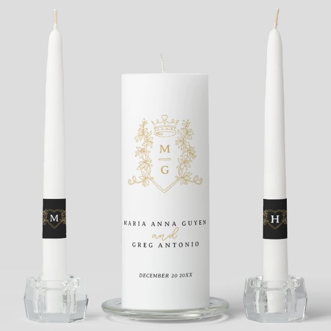 Black white and gold monogram crown art wedding unity candle set (Front)