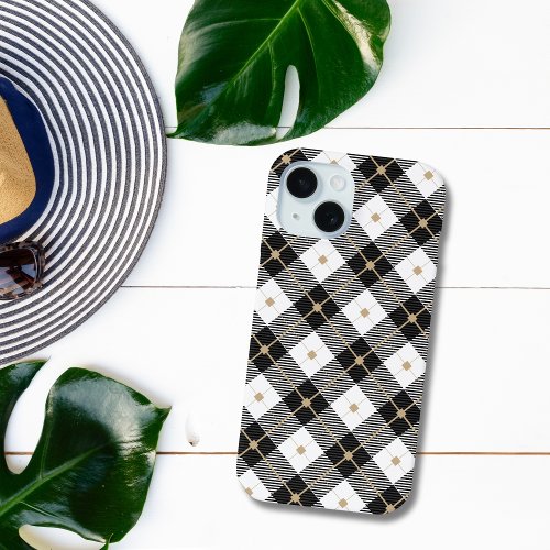 Black White and Gold Plaid iPhone 15 Case