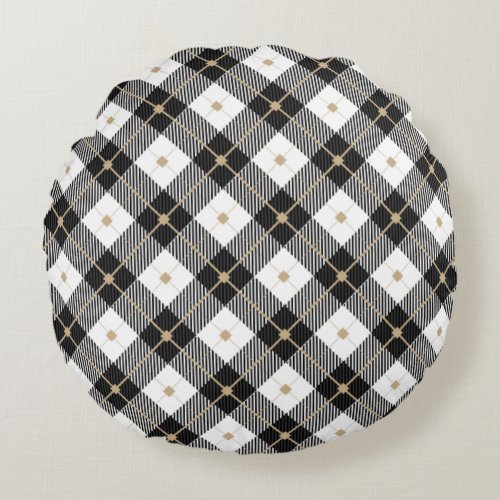 Black White and Gold Plaid Round Throw Pillow