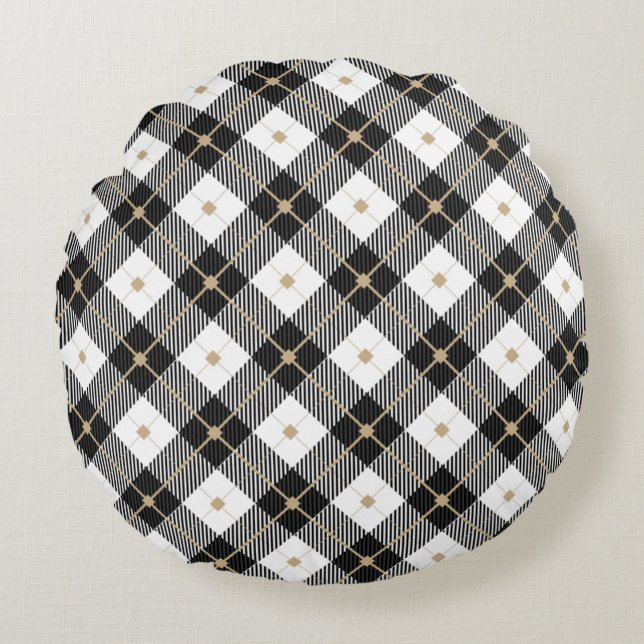 Black White and Gold Plaid Round Throw Pillow (Front)