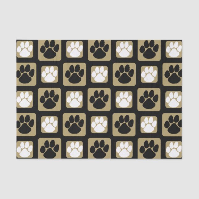 Black, White and Gold Repeating Pawprint  Tissue Paper (Front)
