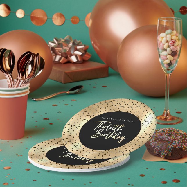 Black White and Gold Script 30th Birthday Party Paper Plates (Multi)