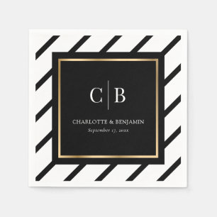 Black White and Gold Striped Monogram Wedding Napkins