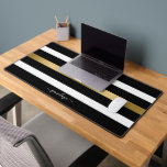 Black white and gold stripes desk mat<br><div class="desc">Chic minimalistic black and white stripes pattern with a gold stripe accent. Modern fashionable design with custom modern typography monogram.</div>
