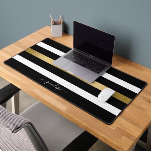 Black white and gold stripes desk mat