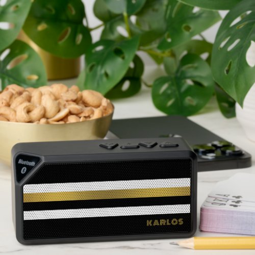 Black white and gold stripes monogram bluetooth speaker