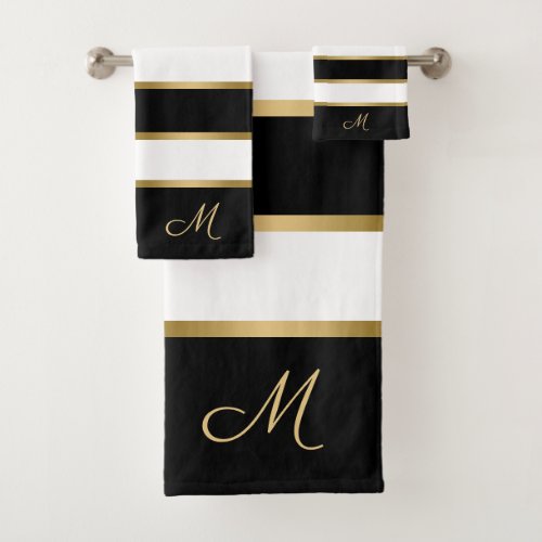 Black white and gold stripes pattern bath towel set