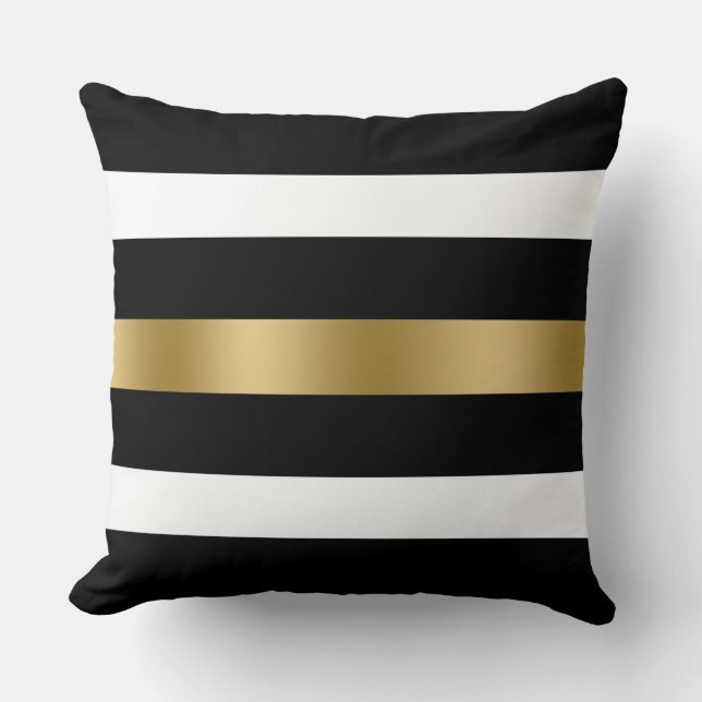 Black, white and gold stripes throw pillow (Front)