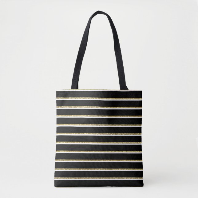 Black, White and Gold Stripes Tote Bag (Front)