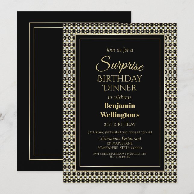 Black White and Gold Surprise 21st Birthday Dinner Invitation (Front/Back)