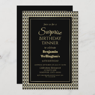 Black White and Gold Surprise 30th Birthday Dinner Invitation