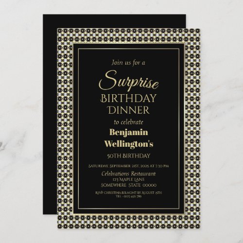 Black White and Gold Surprise 50th Birthday Dinner Invitation