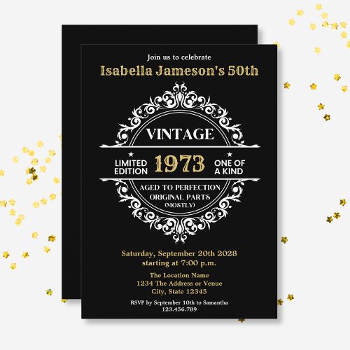Black White and Gold Vintage Year Birthday  Invitation