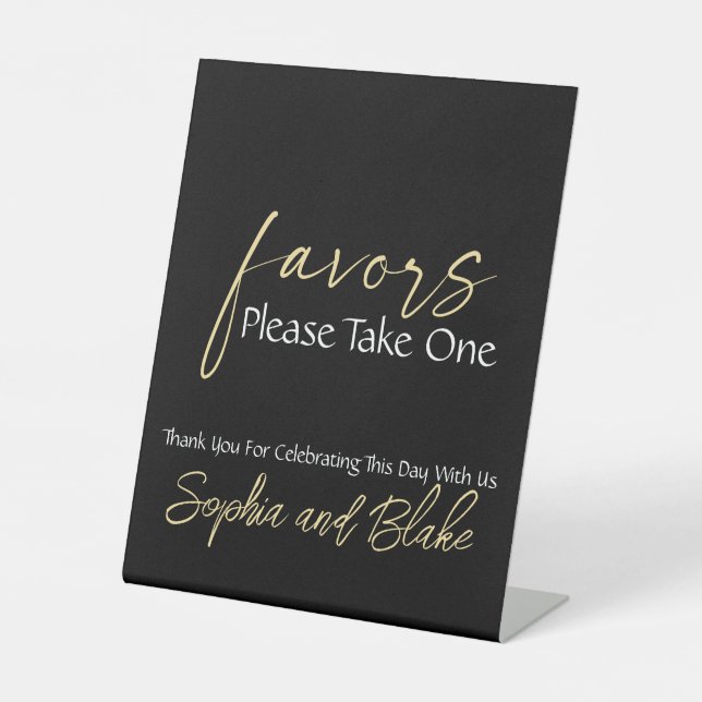 Black White and Gold Wedding Favors Pedestal Sign (Front)