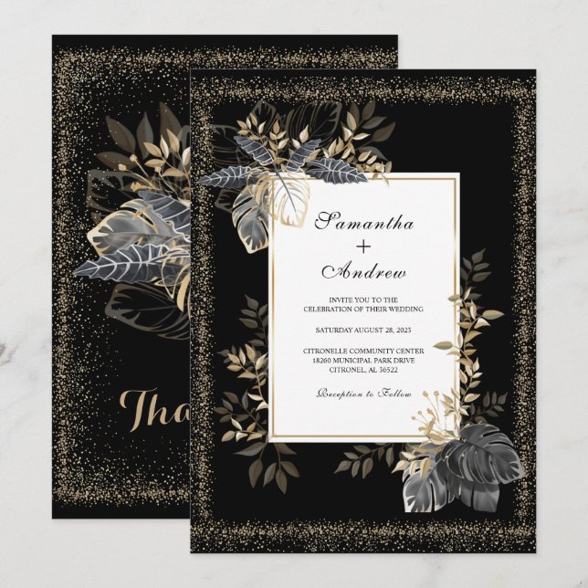 Black White And Gold Wedding Invitation (Front/Back)