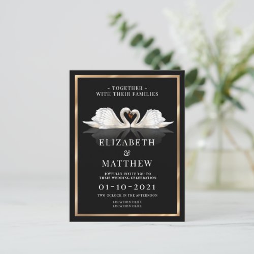 Black White and Gold with Swans Wedding Invitation Postcard