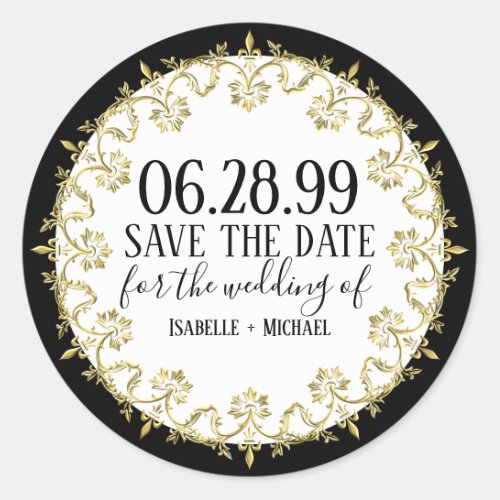 Black White and GoldElegant Save the Date Classic Round Sticker