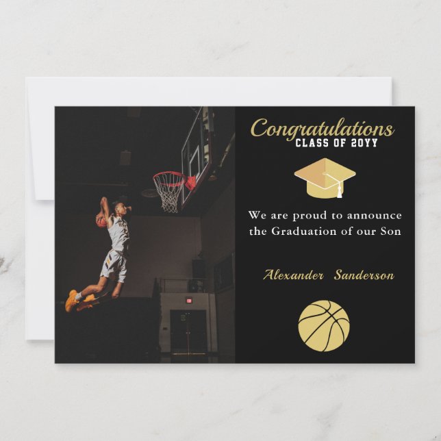 Black White and Golden Basketball graduation Announcement (Front)