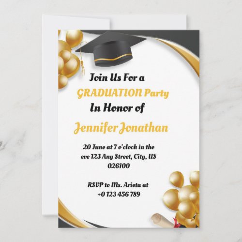 Black white and Golden graduation party Invitatio Invitation