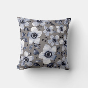 Black, White, and Gray Anemones Floral on Beige Throw Pillow