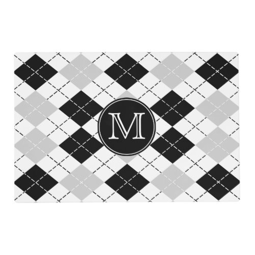 Black White and Gray Argyle Monogram Placemat