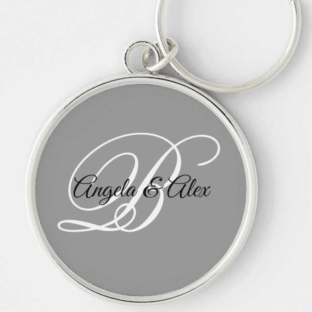 Black White and Gray Fancy Script Monogram Keychain (Front)