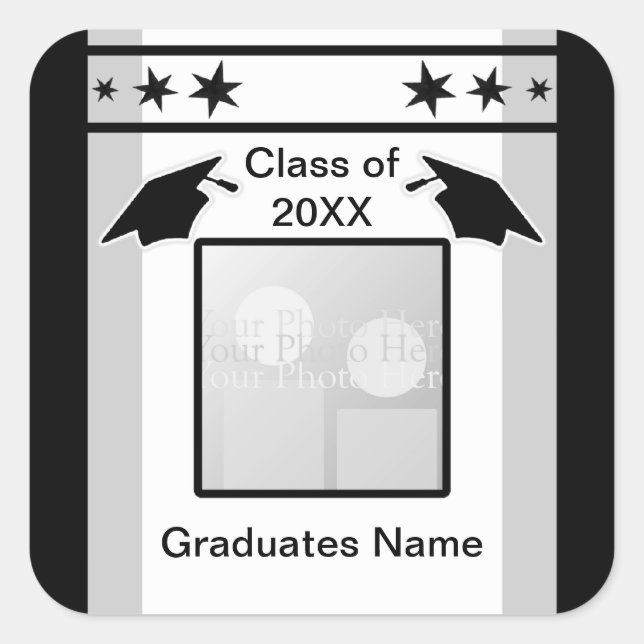 Black, White and Gray Graduation (photo frame) Square Sticker (Front)