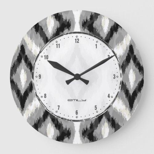 Black White And Gray Ikat Geometric Pattern Large Clock