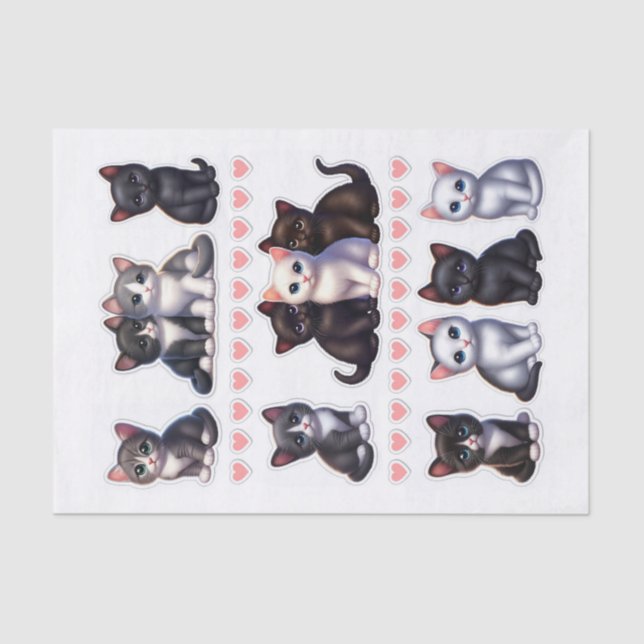 Black, White, and Gray Kitten Illustrations Tissue Paper (Front)