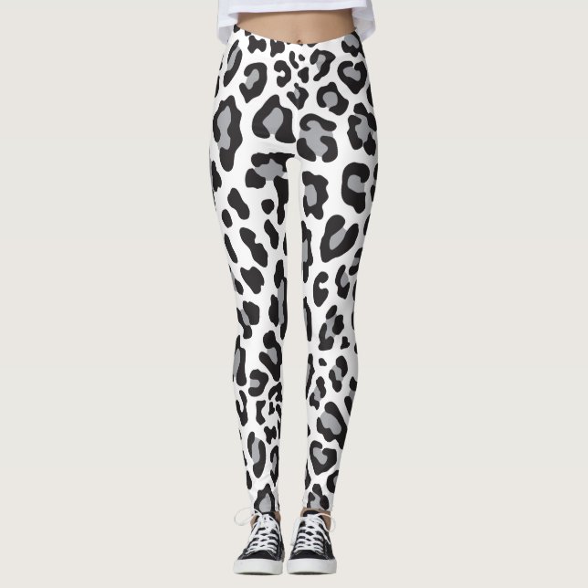 Black, White and Gray Leopard Print Leggings (Front)