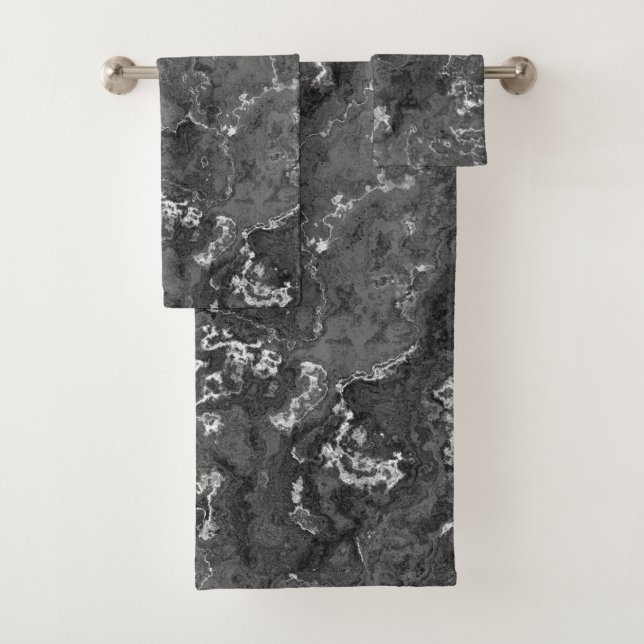 Black, White, and Gray Marble abstract Bath Towel Set (Insitu)