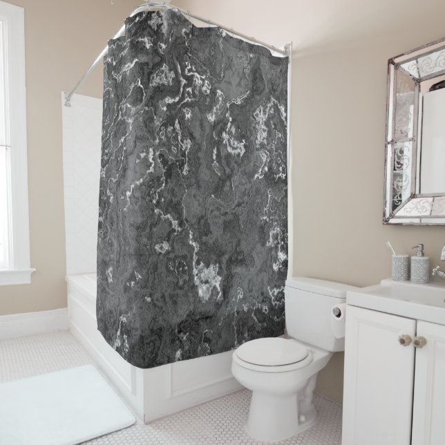 Black, White, and Gray Marble abstract Shower Curtain (In Situ)