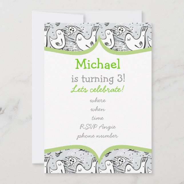 black, white and gray singing birds with frame invitation (Front)